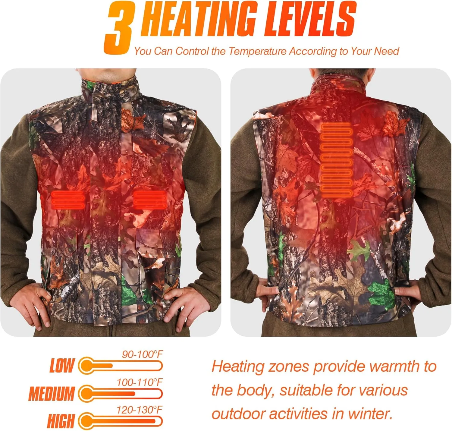 GUGULUZA Camo and Orange Reversible Heated Vest for Hunting, Lightweight Heating Game Safety Vest for Hiking