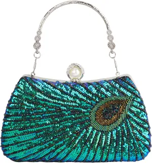 GUOZI Women's Vintage Beaded Sequin Peacock Clutch Purse Handmade Crossbody Evening Bag Handbag For Wedding Party Prom