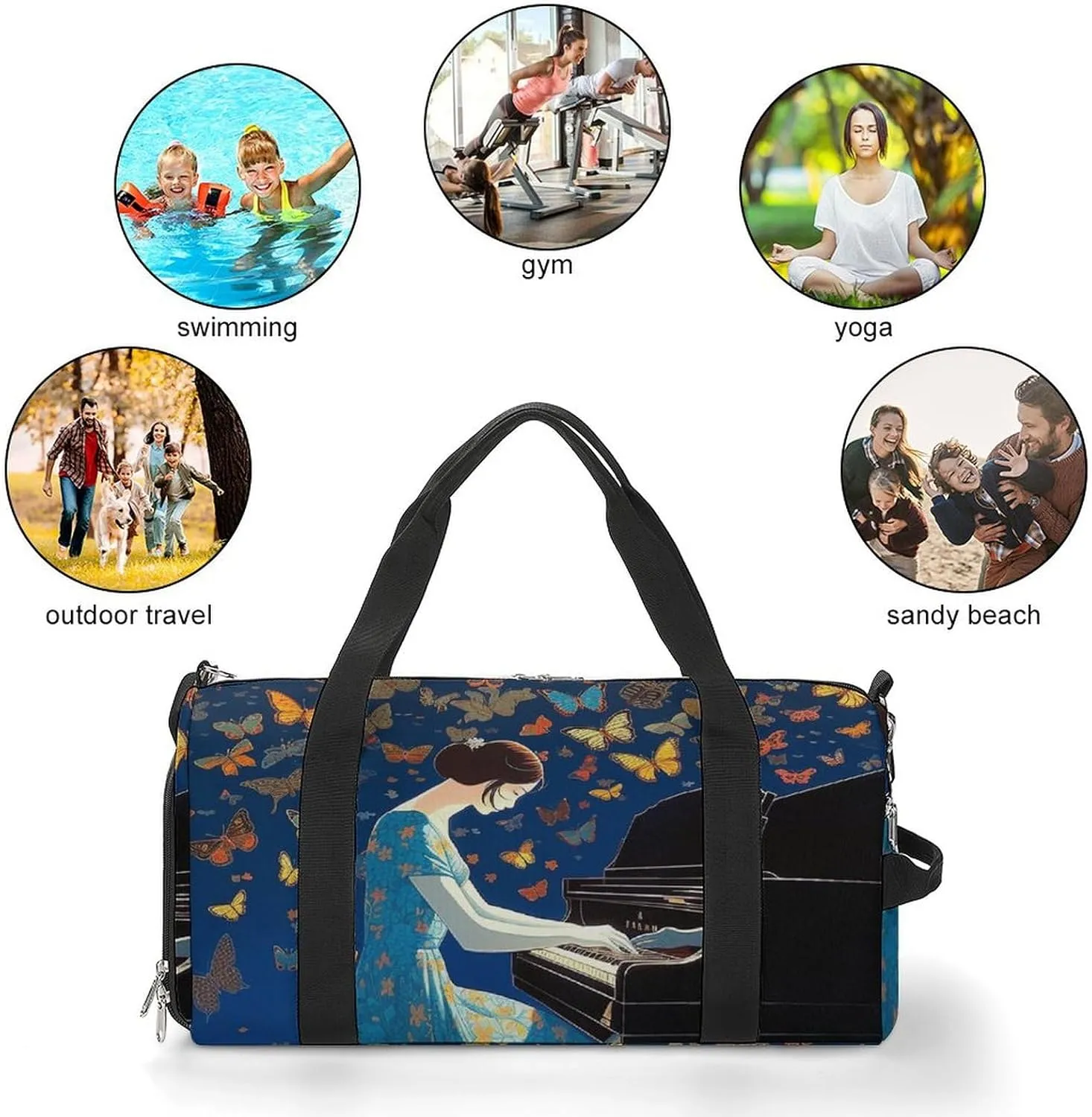 Gym Bag Butterflies Flying to Music Duffel Bag for Men Women Travel Overnight Bag with Shoe Compartment Workout Bags