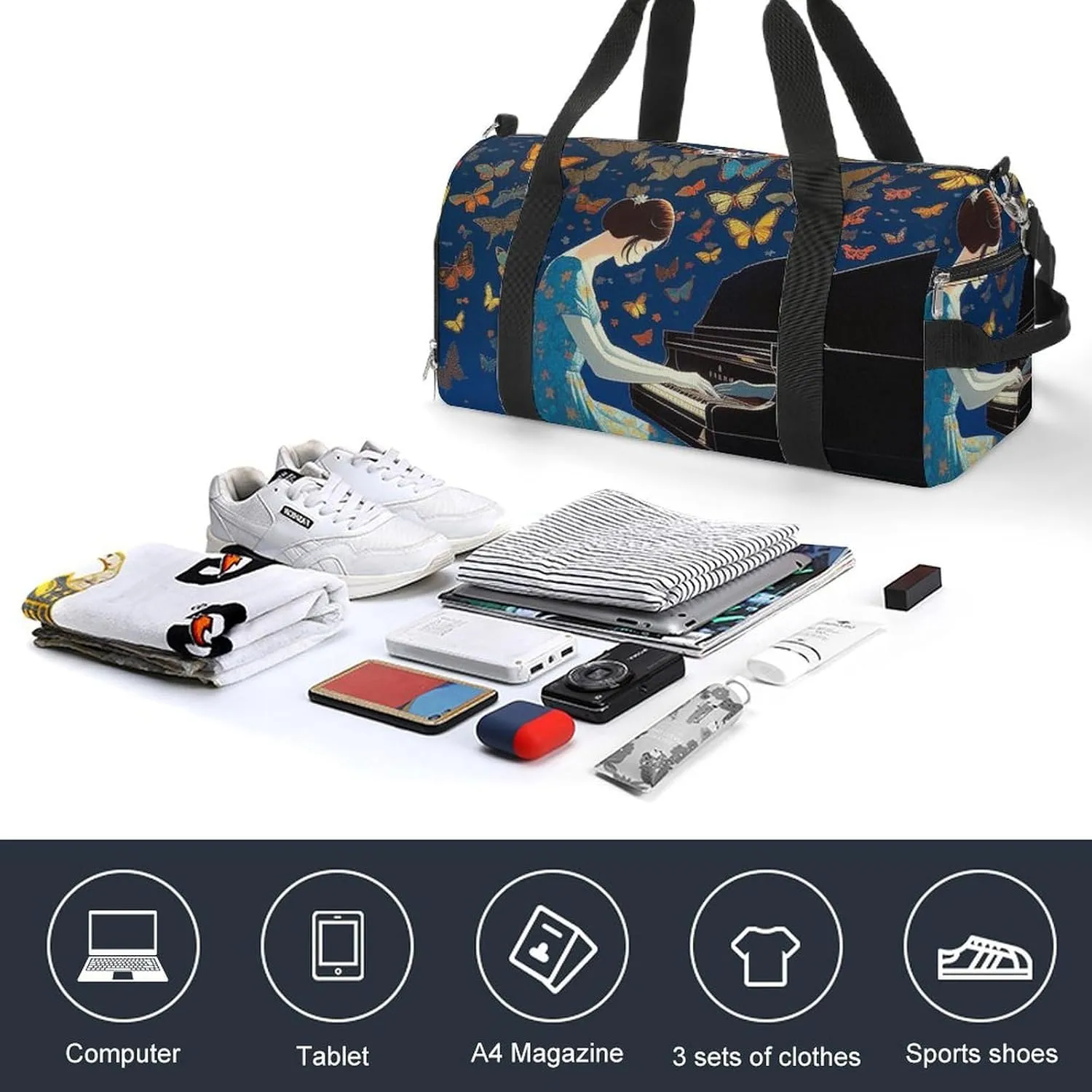 Gym Bag Butterflies Flying to Music Duffel Bag for Men Women Travel Overnight Bag with Shoe Compartment Workout Bags