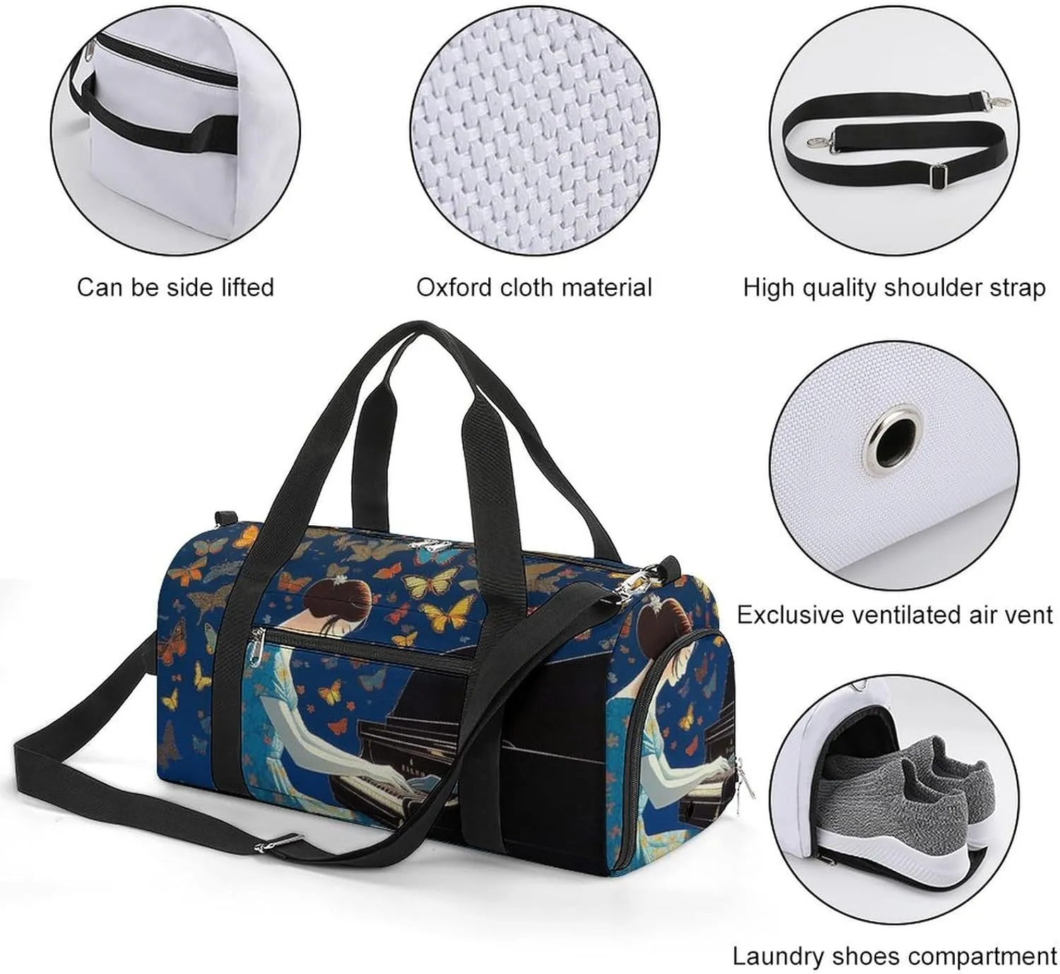 Gym Bag Butterflies Flying to Music Duffel Bag for Men Women Travel Overnight Bag with Shoe Compartment Workout Bags