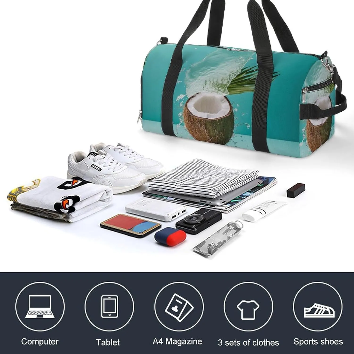 Gym Bag Coconut Drink Duffel Bag for Men Women Travel Overnight Bag with Shoe Compartment Workout Bags