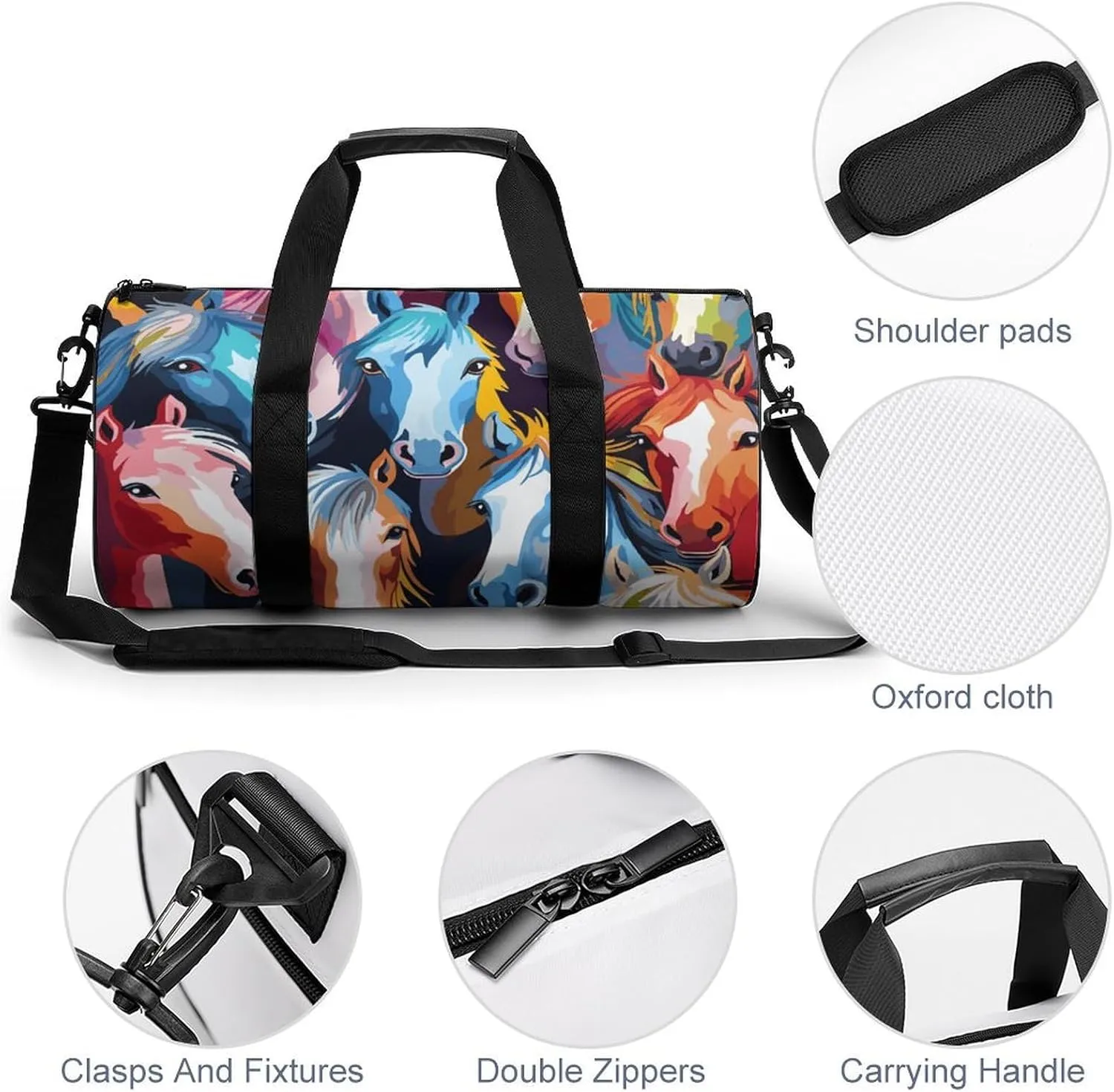 Gym Bag Colorful Cartoon Horses Duffel Bag for Men Women Overnight Bag with Shoe Compartment Workout Bags