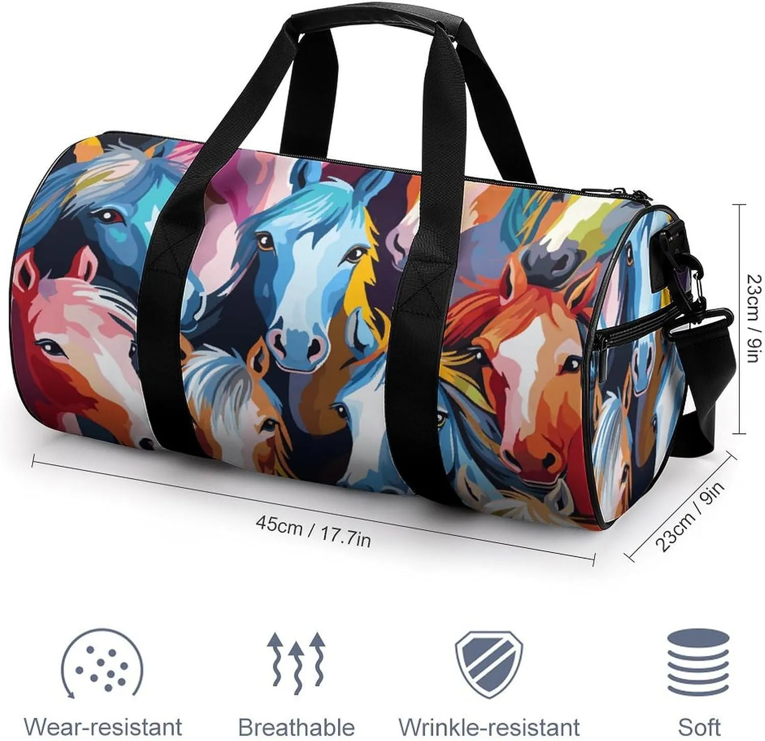 Gym Bag Colorful Cartoon Horses Duffel Bag for Men Women Overnight Bag with Shoe Compartment Workout Bags