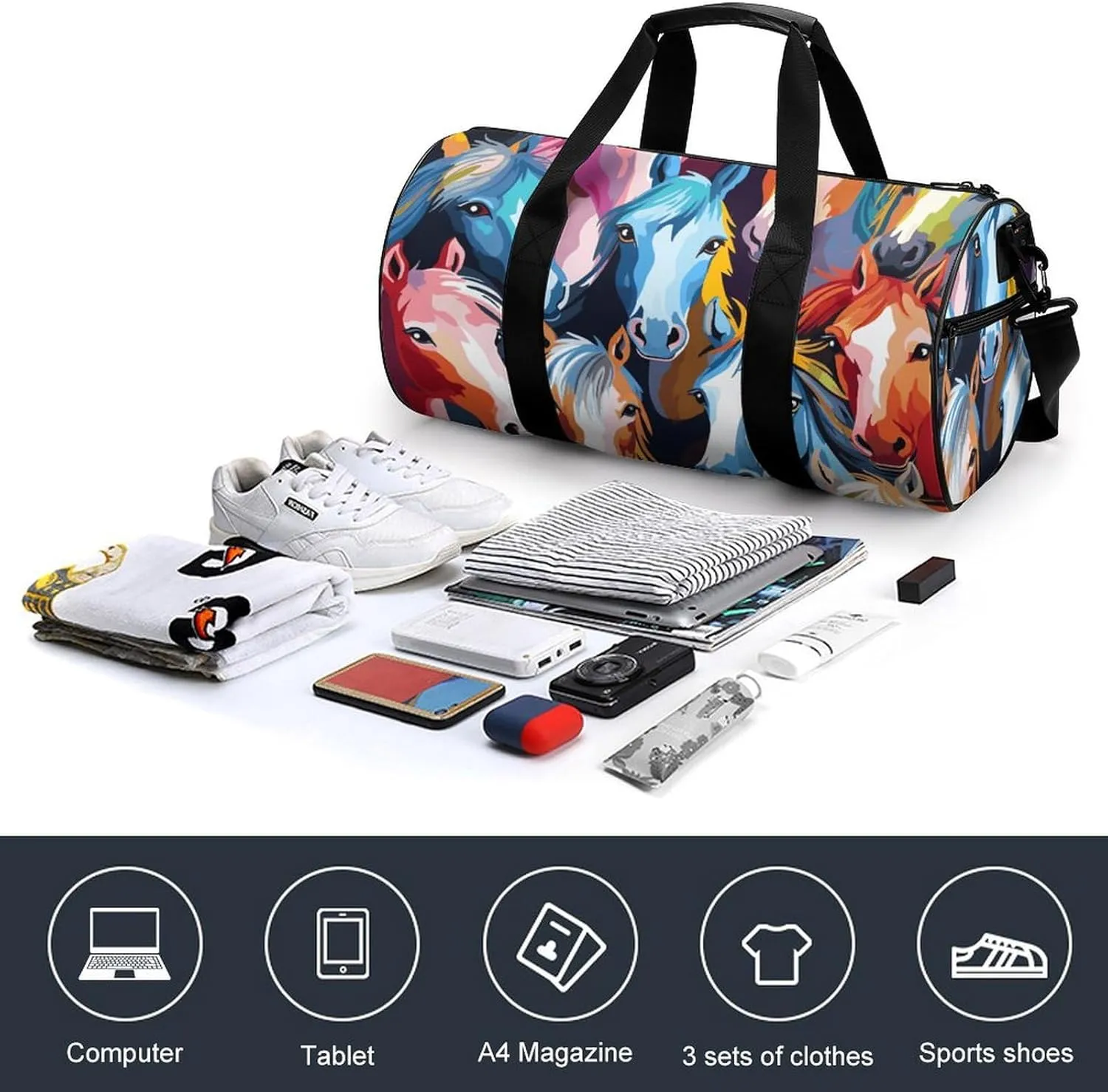 Gym Bag Colorful Cartoon Horses Duffel Bag for Men Women Overnight Bag with Shoe Compartment Workout Bags