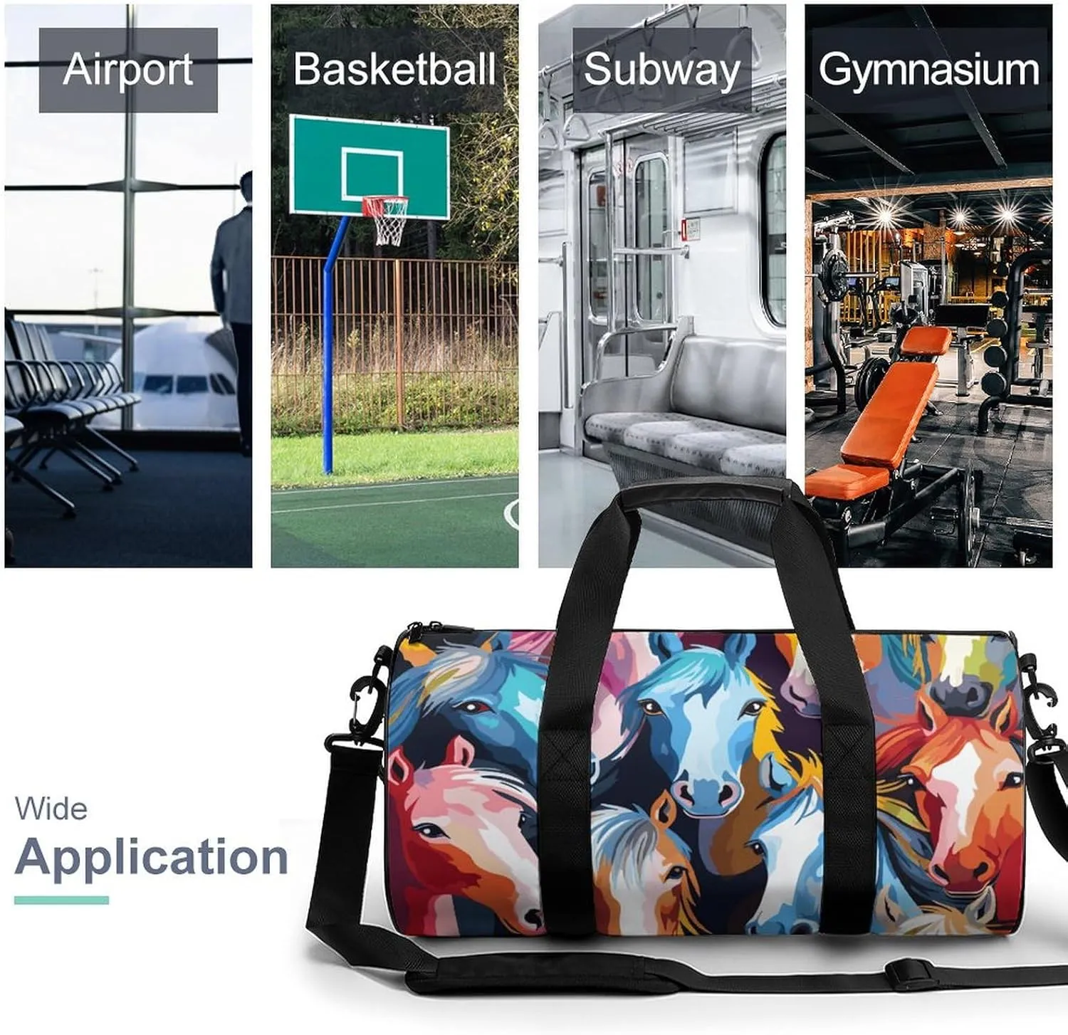 Gym Bag Colorful Cartoon Horses Duffel Bag for Men Women Overnight Bag with Shoe Compartment Workout Bags