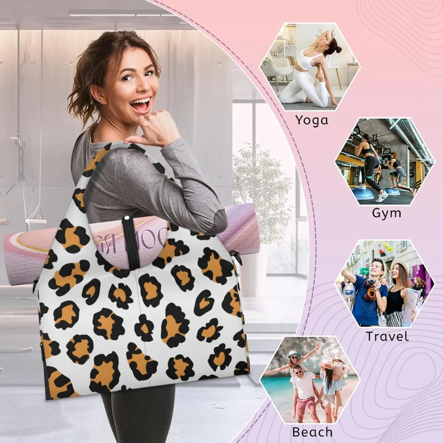 Gym Bag for Women Animal Leopard Print Duffel Bag with Shoe Compartment and Yoga Mat Holder Portable Weekender Bags Travel Tote Bags