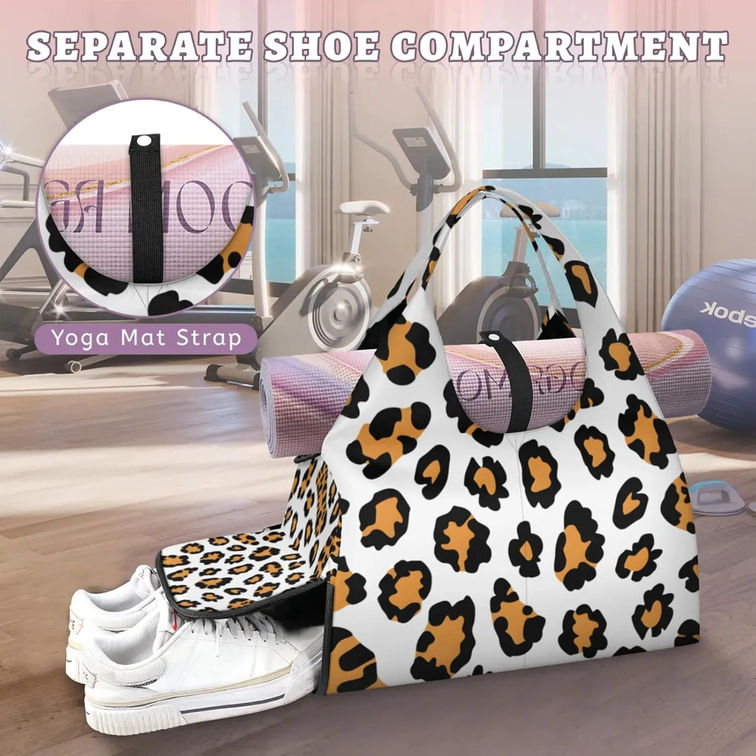 Gym Bag for Women Animal Leopard Print Duffel Bag with Shoe Compartment and Yoga Mat Holder Portable Weekender Bags Travel Tote Bags