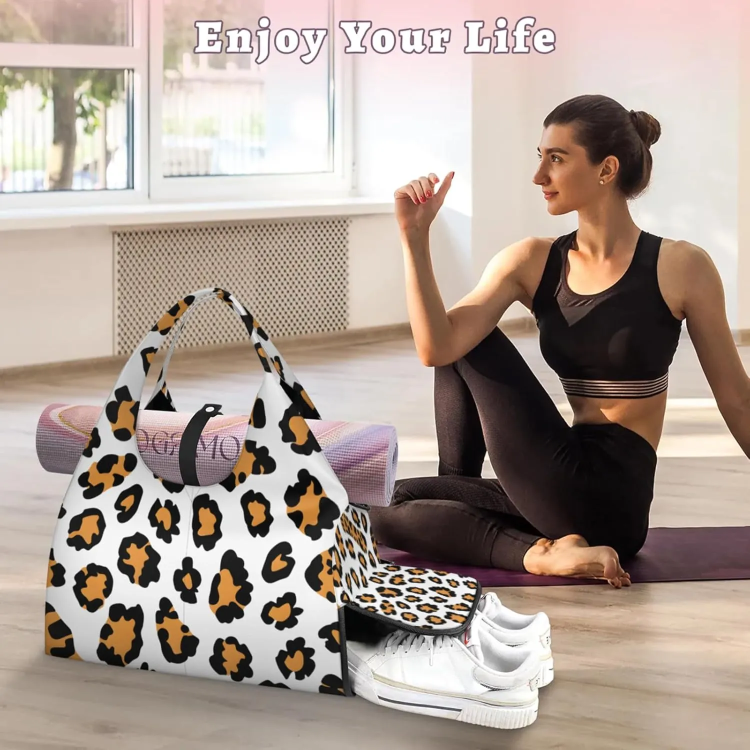 Gym Bag for Women Animal Leopard Print Duffel Bag with Shoe Compartment and Yoga Mat Holder Portable Weekender Bags Travel Tote Bags