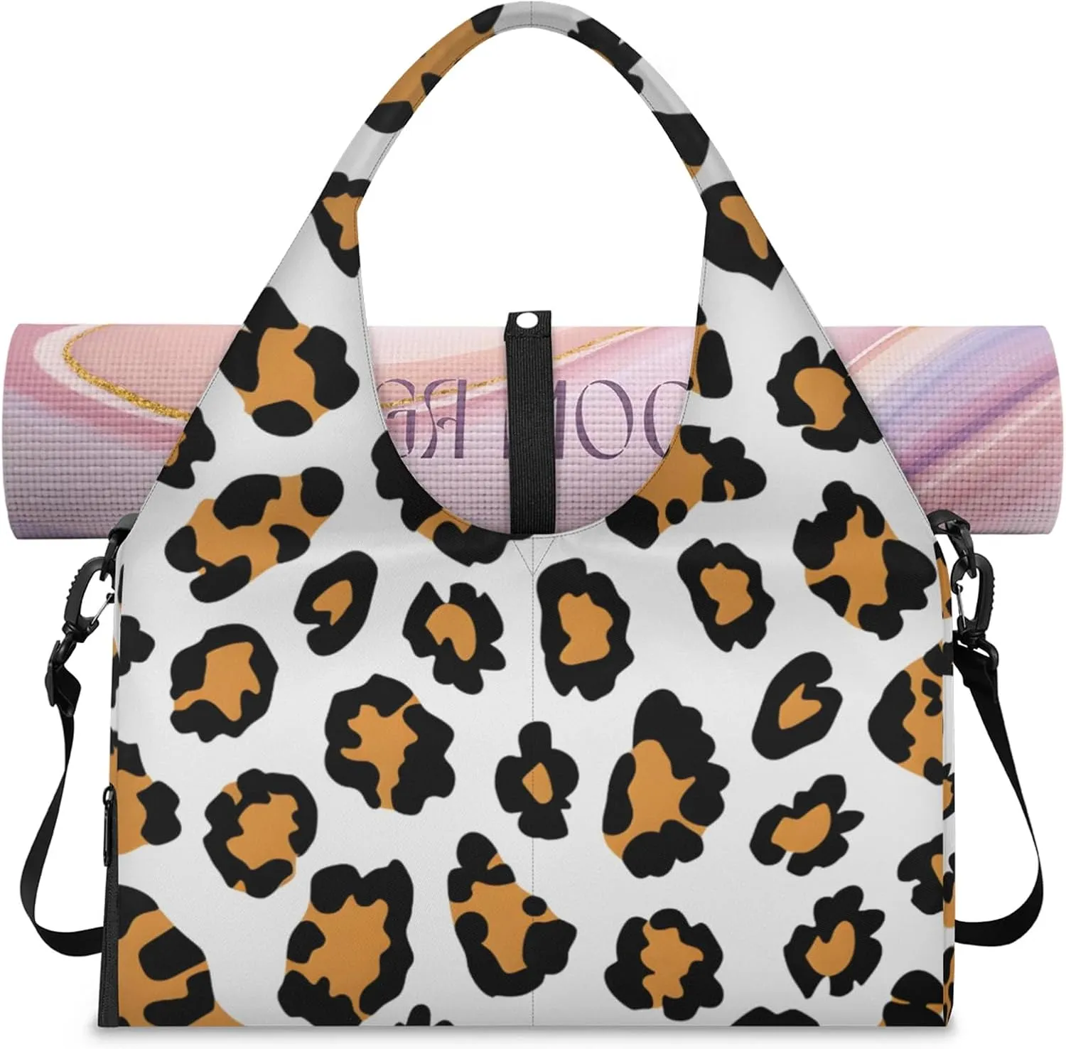 Gym Bag for Women Animal Leopard Print Duffel Bag with Shoe Compartment and Yoga Mat Holder Portable Weekender Bags Travel Tote Bags
