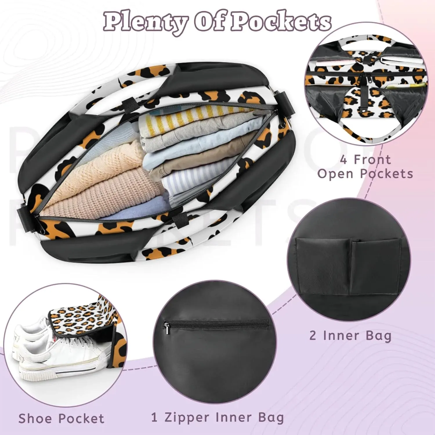 Gym Bag for Women Animal Leopard Print Duffel Bag with Shoe Compartment and Yoga Mat Holder Portable Weekender Bags Travel Tote Bags