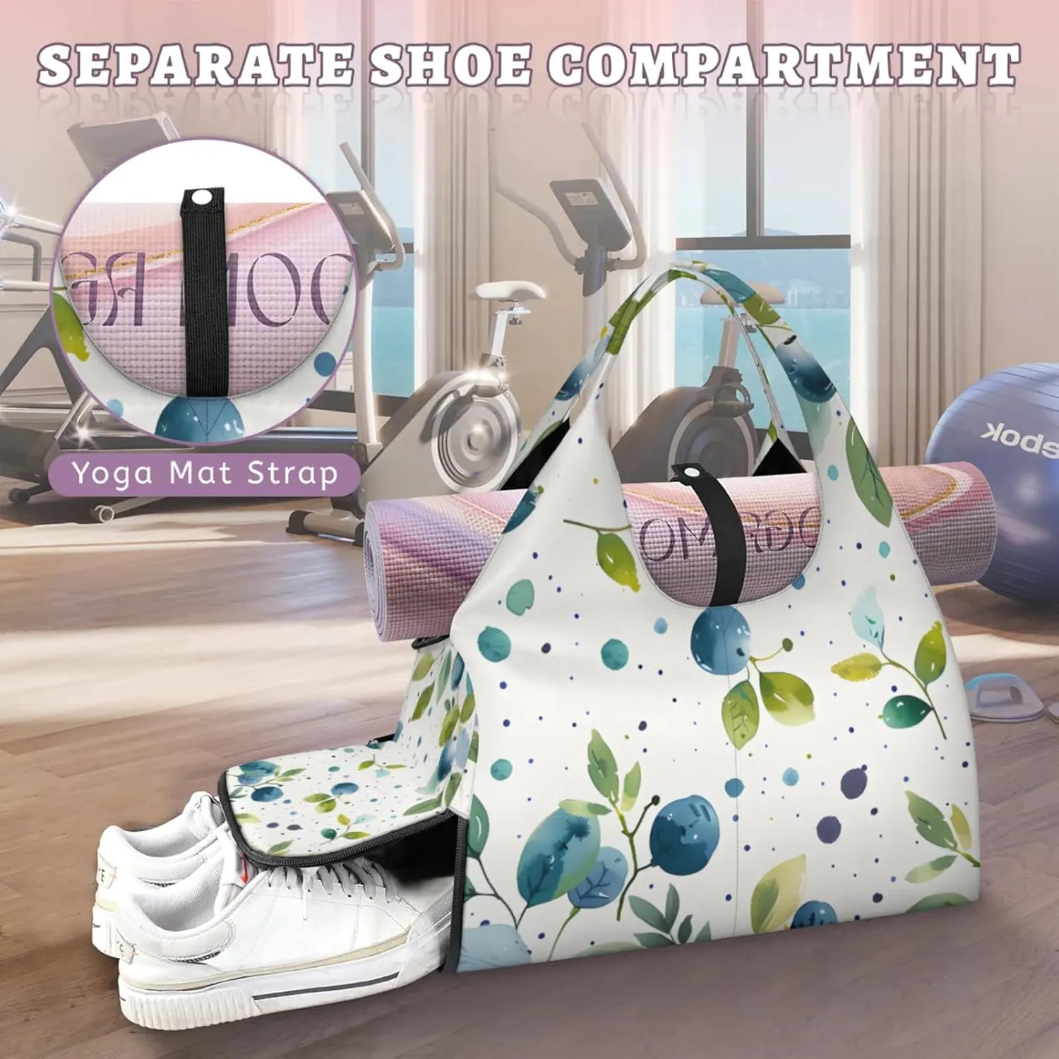 Gym Bag for Women Blueberry Watercolor Duffel Bag with Shoe Compartment and Yoga Mat Holder Portable Weekender Bags Travel Tote Bags