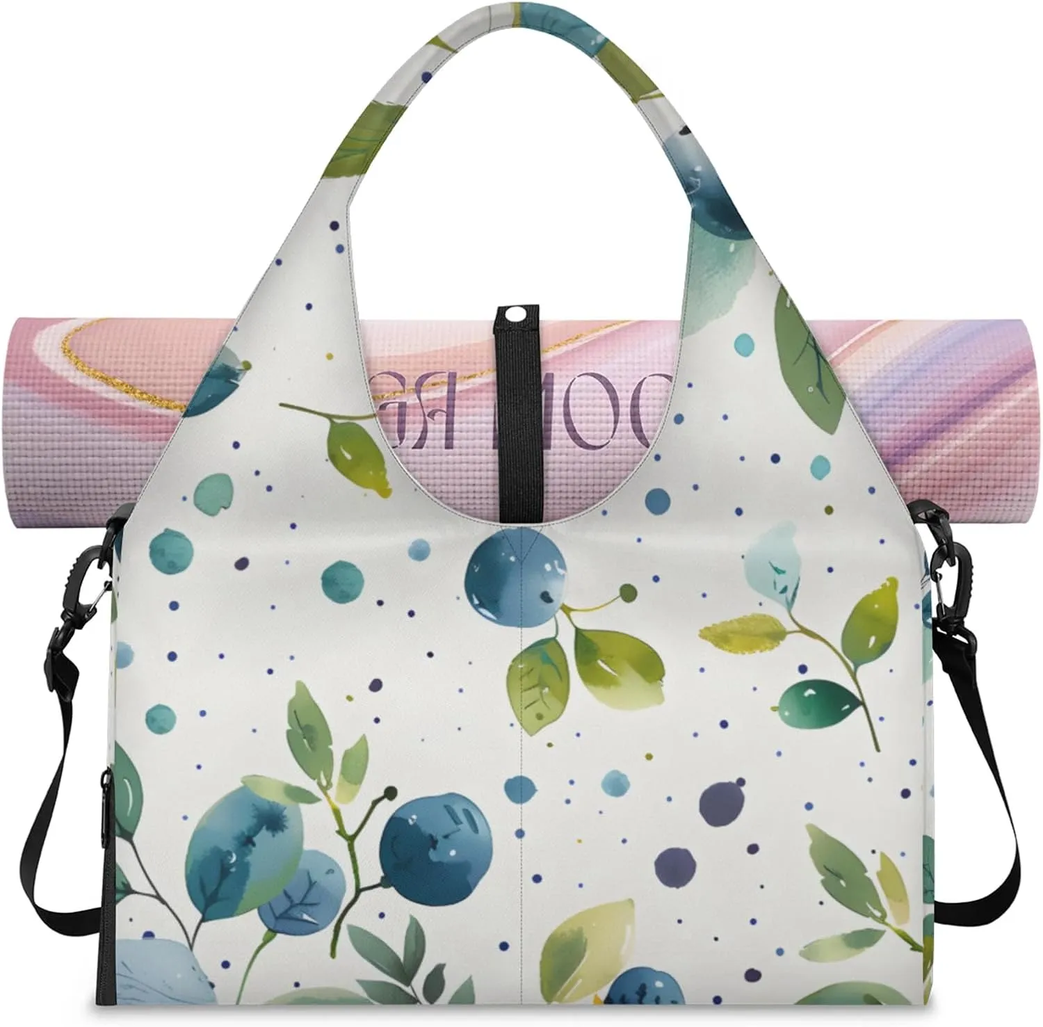 Gym Bag for Women Blueberry Watercolor Duffel Bag with Shoe Compartment and Yoga Mat Holder Portable Weekender Bags Travel Tote Bags