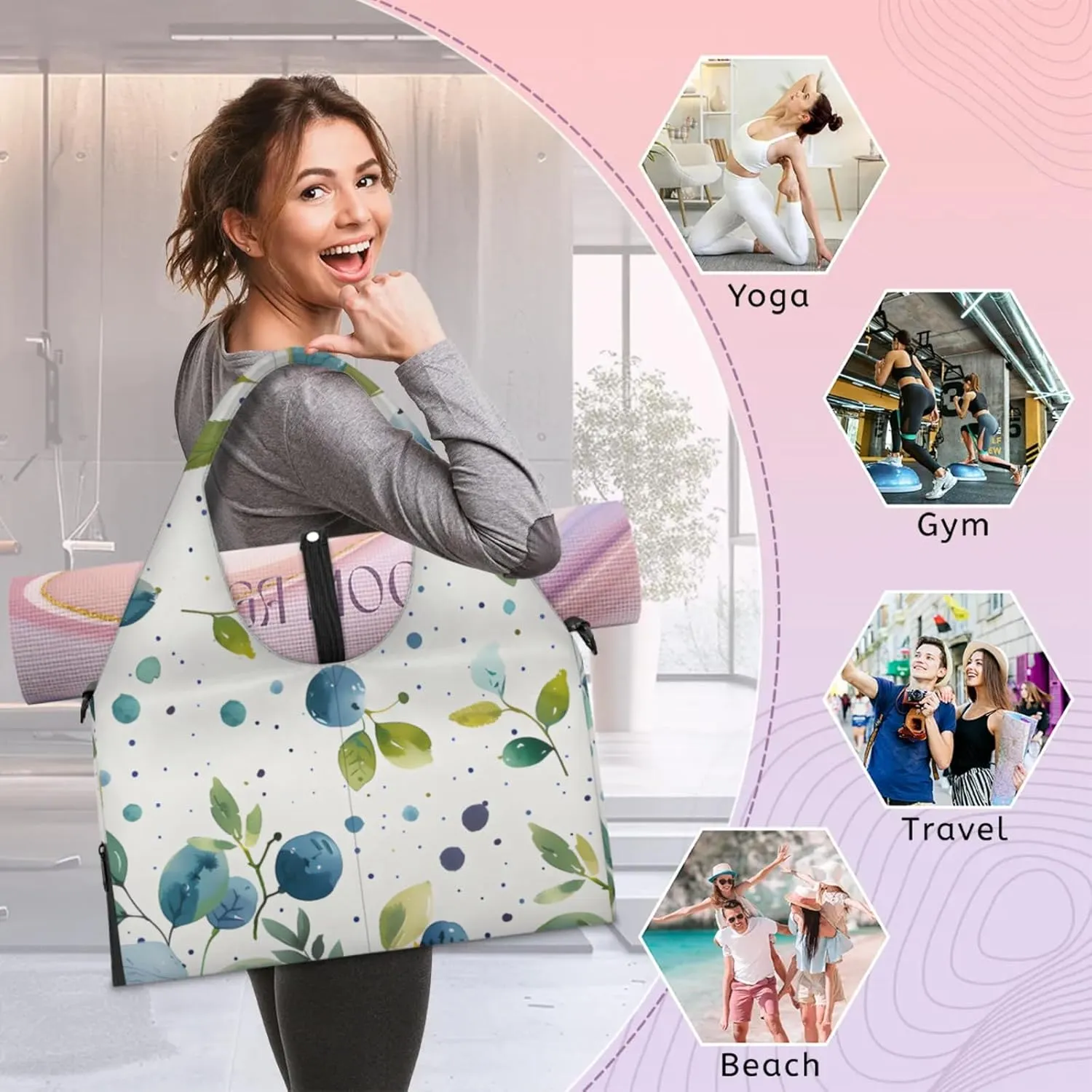 Gym Bag for Women Blueberry Watercolor Duffel Bag with Shoe Compartment and Yoga Mat Holder Portable Weekender Bags Travel Tote Bags