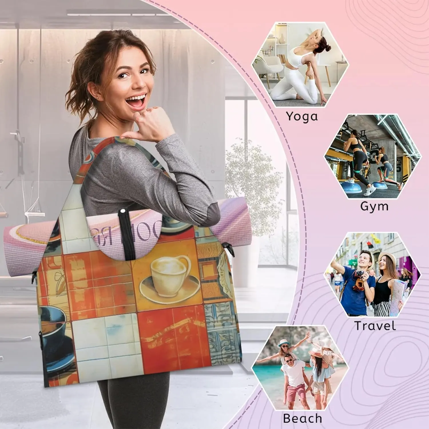Gym Bag for Women Coffee Cup Duffel Bag with Shoe Compartment and Yoga Mat Holder Portable Weekender Bags Travel Tote Bags