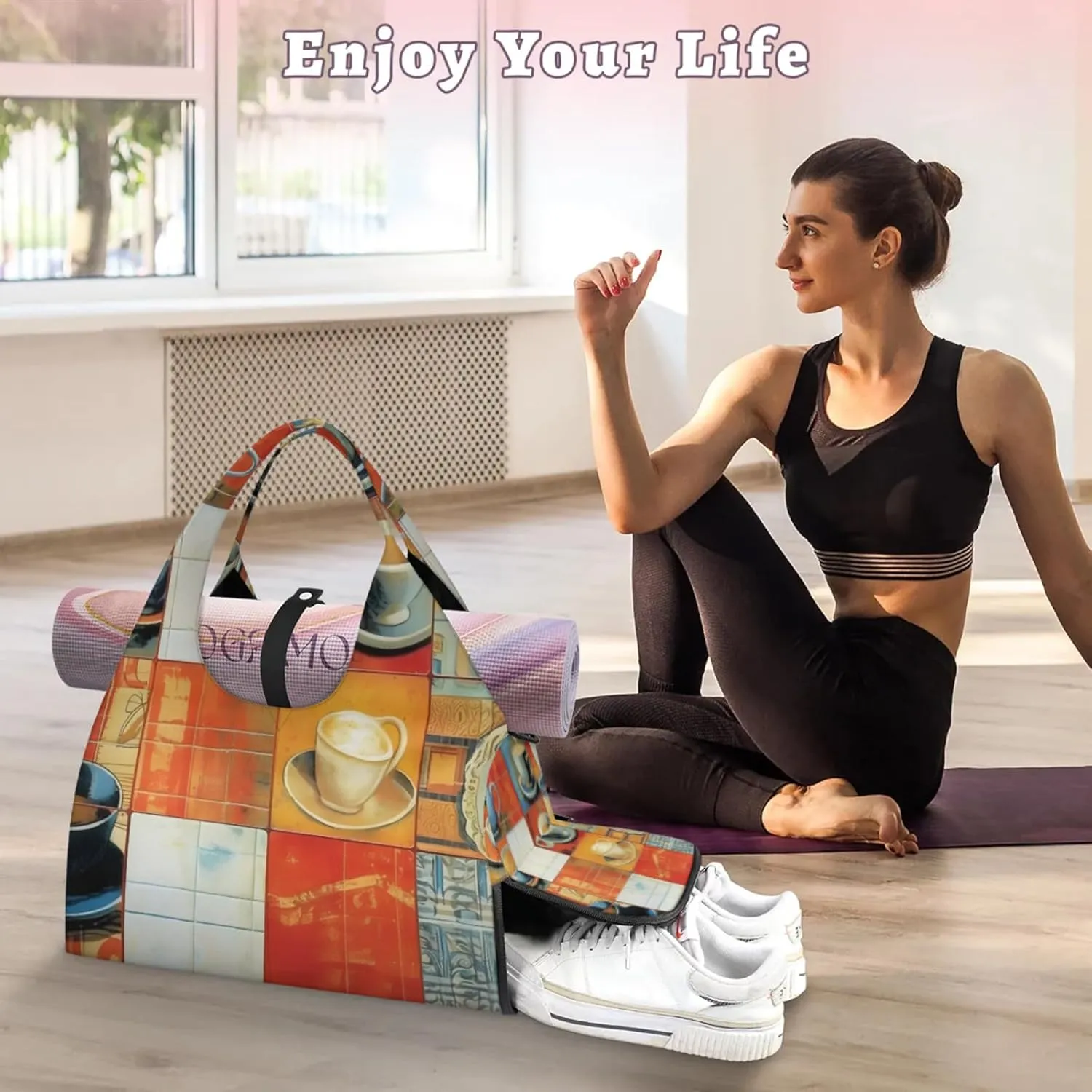 Gym Bag for Women Coffee Cup Duffel Bag with Shoe Compartment and Yoga Mat Holder Portable Weekender Bags Travel Tote Bags