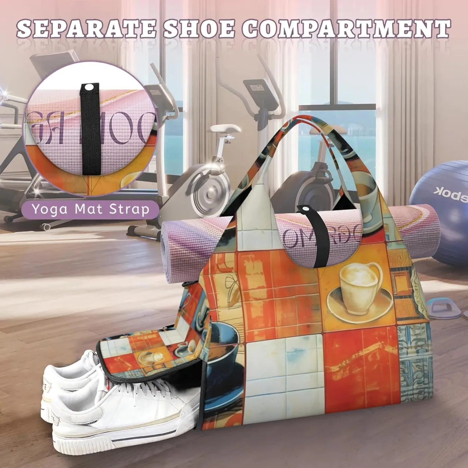 Gym Bag for Women Coffee Cup Duffel Bag with Shoe Compartment and Yoga Mat Holder Portable Weekender Bags Travel Tote Bags