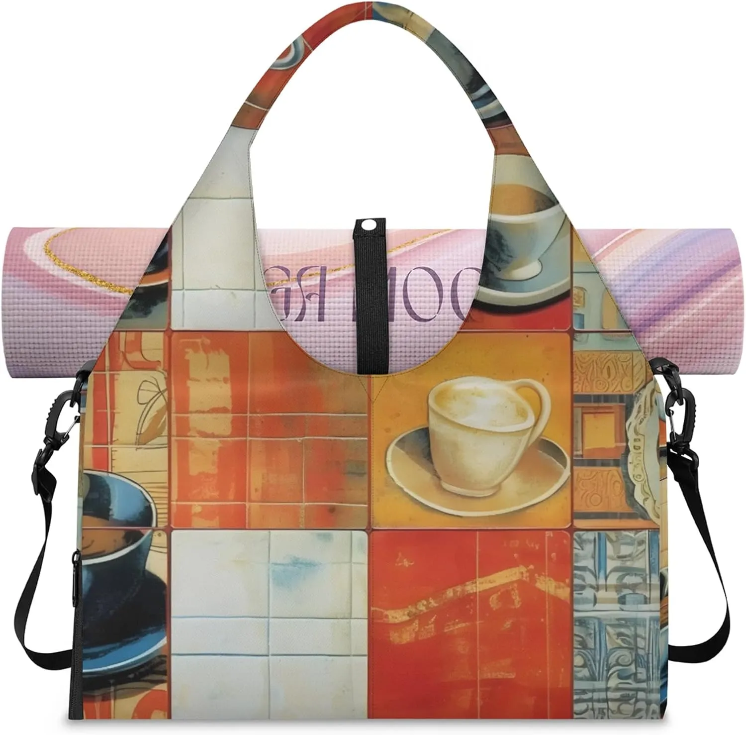 Gym Bag for Women Coffee Cup Duffel Bag with Shoe Compartment and Yoga Mat Holder Portable Weekender Bags Travel Tote Bags