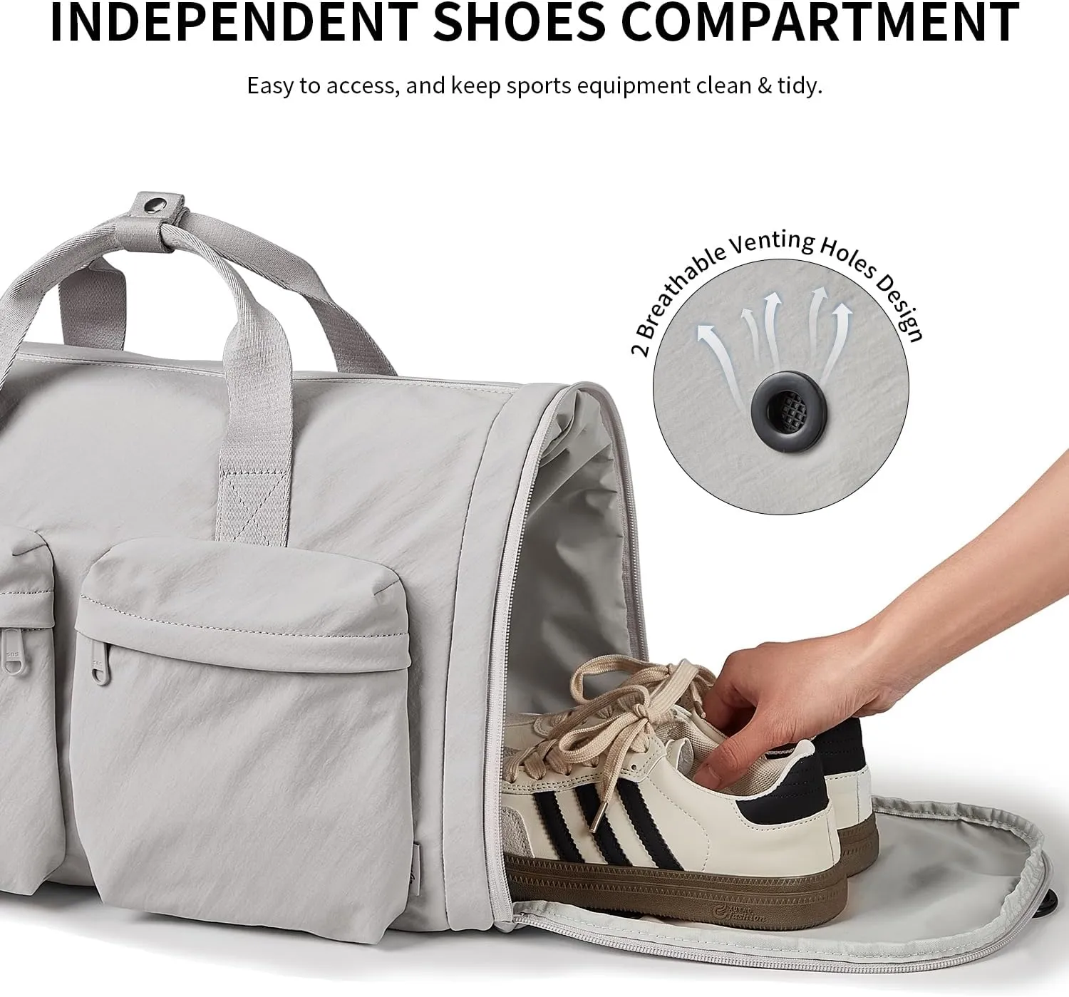 Gym Bag for Women Men with Shoes Compartment, 3 in 1 Carry on Travel Duffel Bags with Trolley Sleeve, Lightweight&Water Resistant Gym Duffel Bag for Travel, Sports, Fitness&Workout (Elegant Gray)
