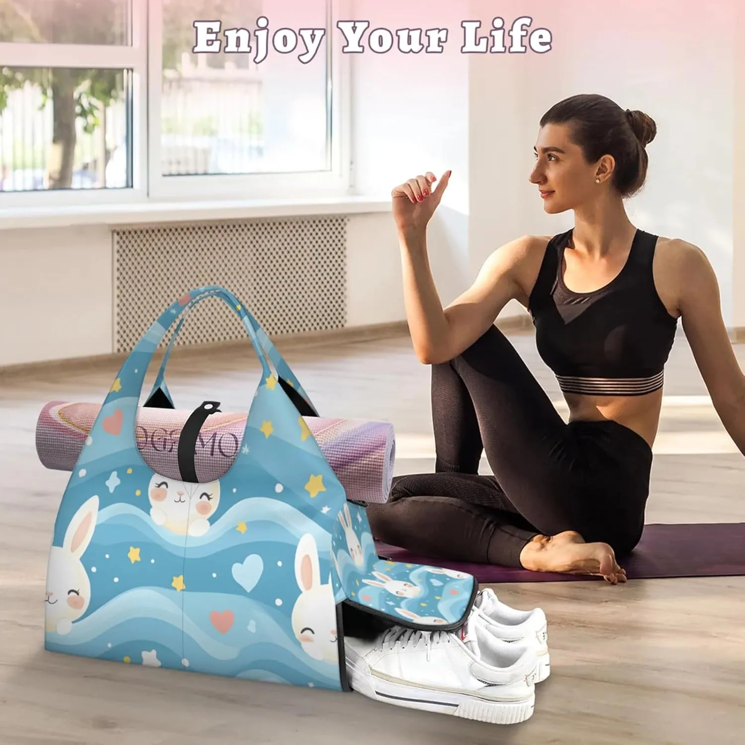 Gym Bag for Women Rabbit Heart Star Duffel Bag with Shoe Compartment and Yoga Mat Holder Portable Weekender Bags Travel Tote Bags