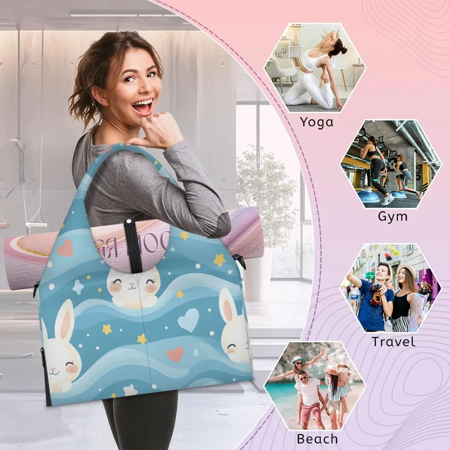 Gym Bag for Women Rabbit Heart Star Duffel Bag with Shoe Compartment and Yoga Mat Holder Portable Weekender Bags Travel Tote Bags