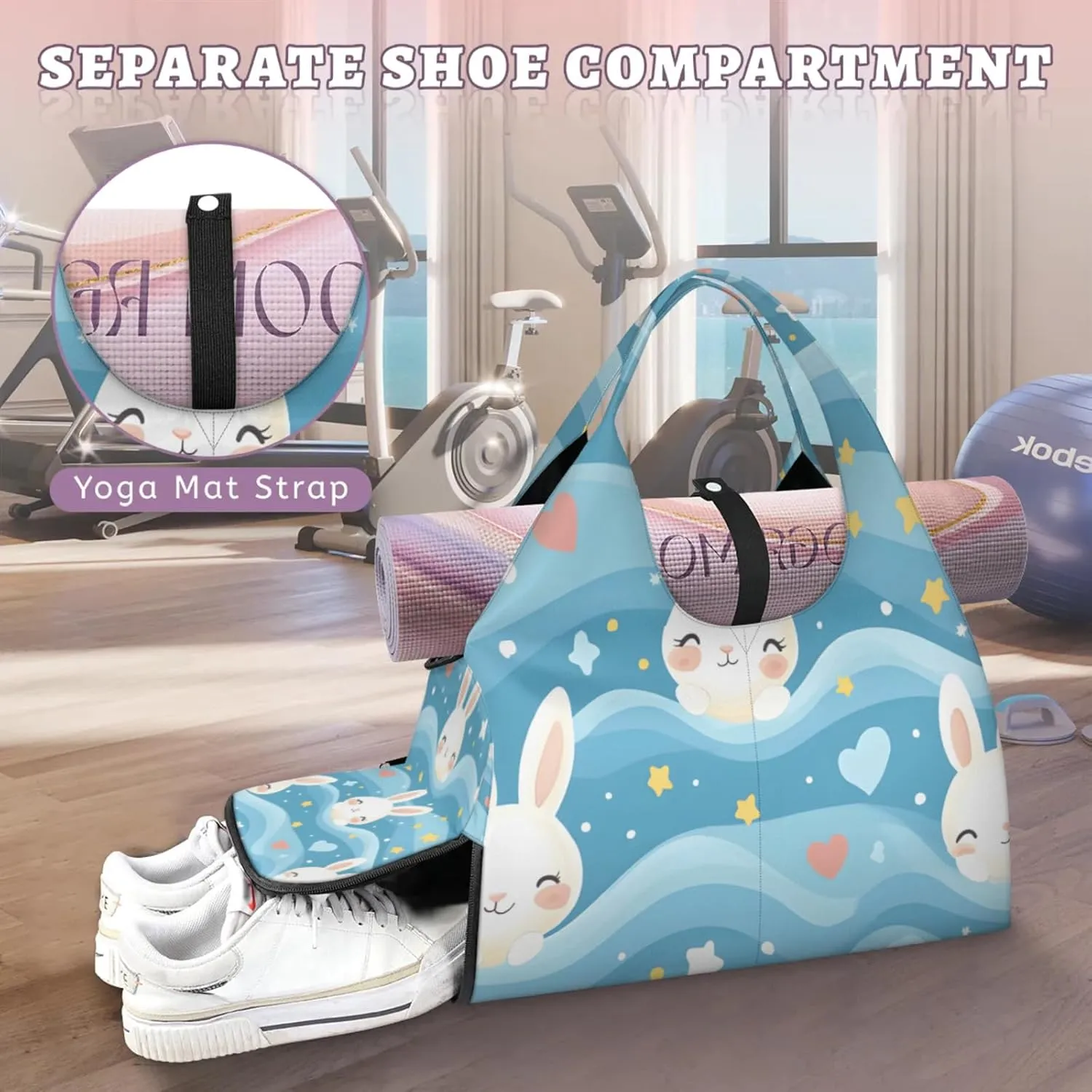Gym Bag for Women Rabbit Heart Star Duffel Bag with Shoe Compartment and Yoga Mat Holder Portable Weekender Bags Travel Tote Bags