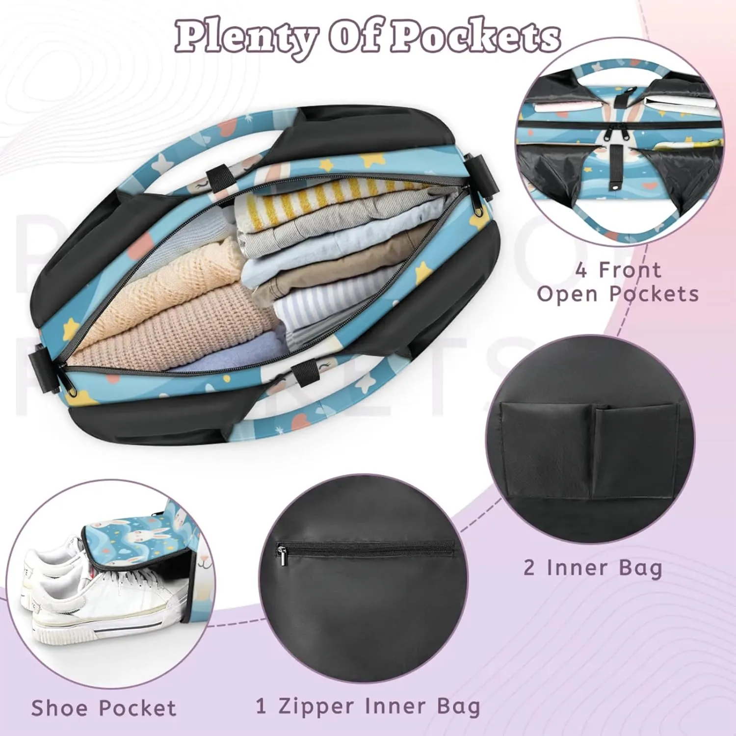 Gym Bag for Women Rabbit Heart Star Duffel Bag with Shoe Compartment and Yoga Mat Holder Portable Weekender Bags Travel Tote Bags