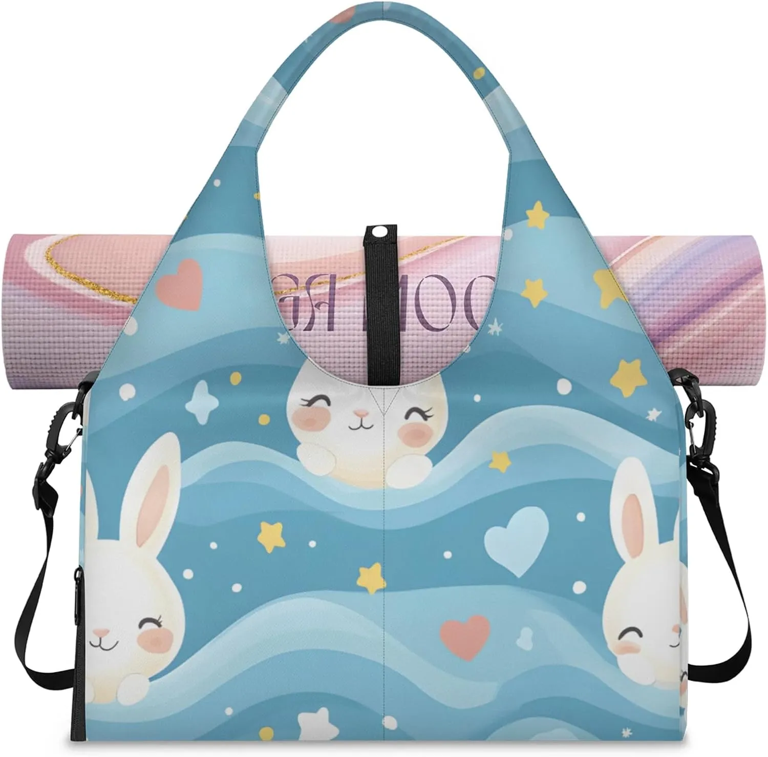 Gym Bag for Women Rabbit Heart Star Duffel Bag with Shoe Compartment and Yoga Mat Holder Portable Weekender Bags Travel Tote Bags