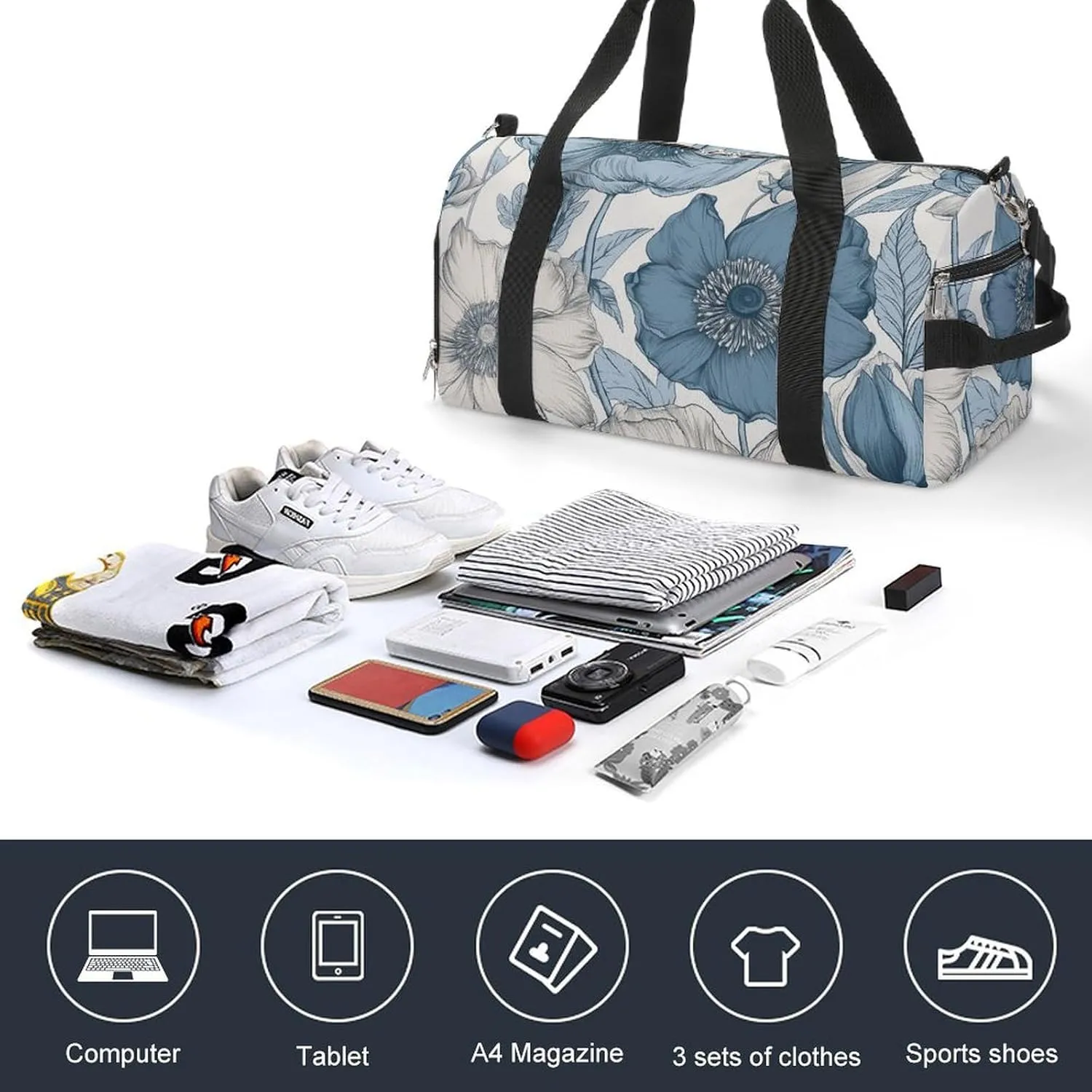 Gym Bag Light Indigo Flowers Duffel Bag for Men Women Travel Overnight Bag with Shoe Compartment Workout Bags