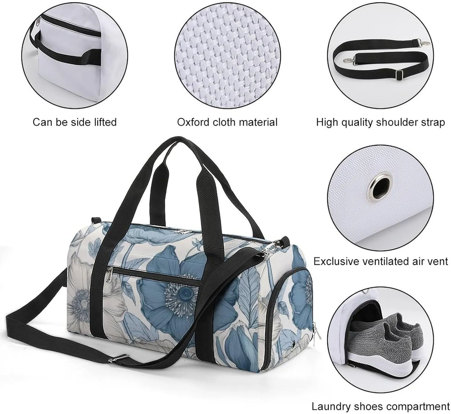 Gym Bag Light Indigo Flowers Duffel Bag for Men Women Travel Overnight Bag with Shoe Compartment Workout Bags