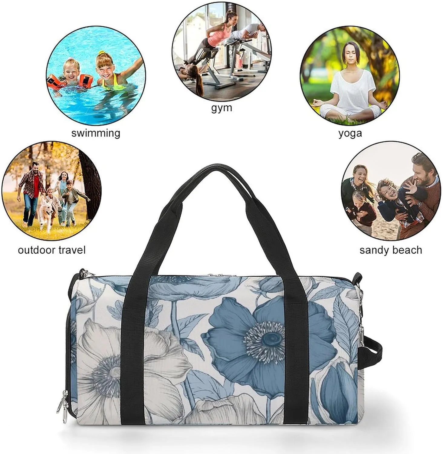 Gym Bag Light Indigo Flowers Duffel Bag for Men Women Travel Overnight Bag with Shoe Compartment Workout Bags