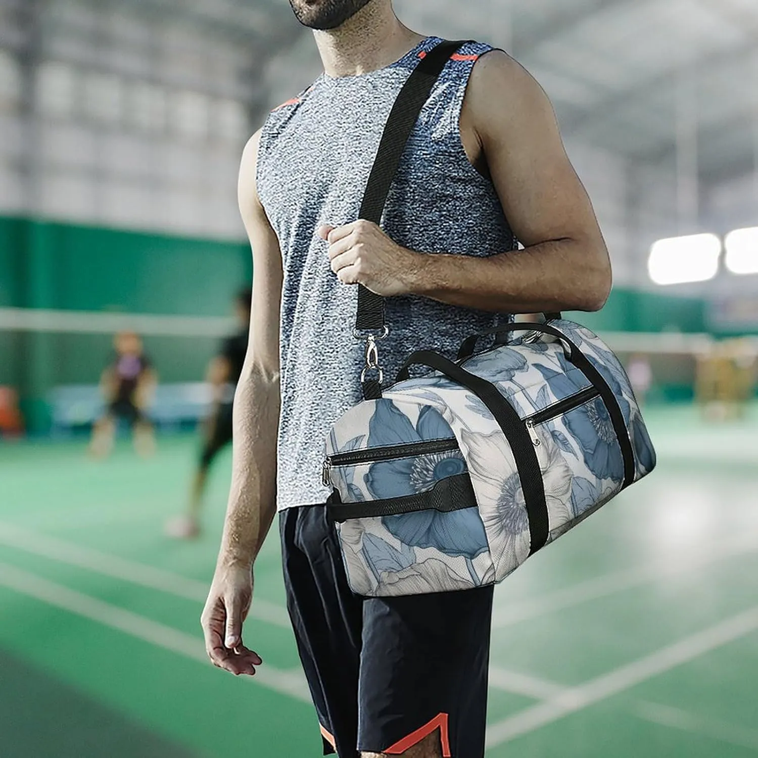 Gym Bag Light Indigo Flowers Duffel Bag for Men Women Travel Overnight Bag with Shoe Compartment Workout Bags