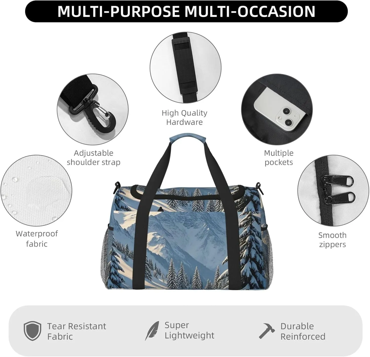 Gym Bag Winter Mountains Snow Scene Duffel Bag for Men Women Travel Overnight Bag with Shoe Compartment Workout Bags