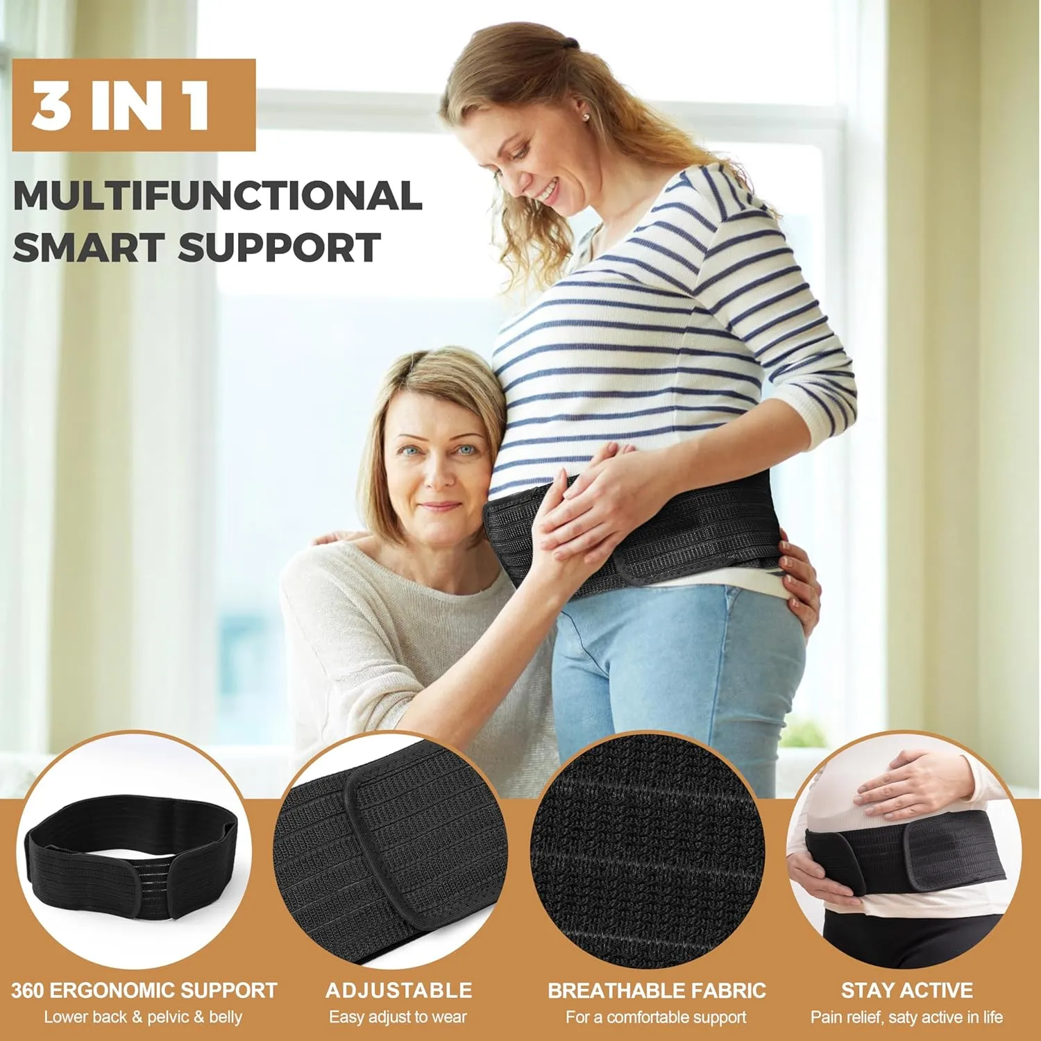 HAB Smart 3 in 1 Pregnancy Support Belt - Compression Belly Bands for Pregnant Women, Maternity Support Belt for Back/Pelvic/Hip Pain, Ultimate Comfort in Pregnancy (Black, One Size)