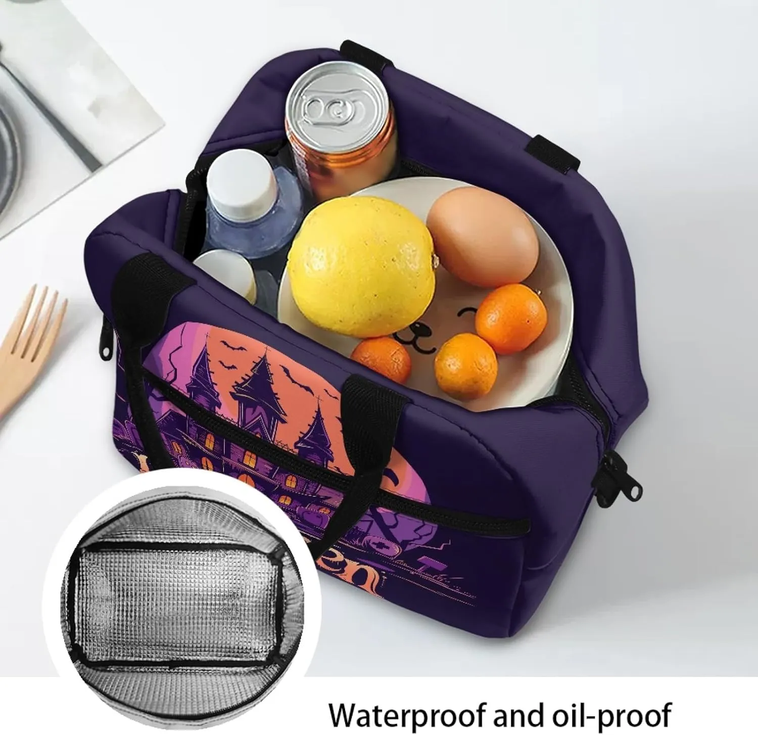 Halloween Haunted Mansion Kids Lunch Bag for Boys Girls Black Insulated Lunch Box,Spooky Bat Lunch Containers for Elementary Children Tote Bag Organizer for Camping Hiking