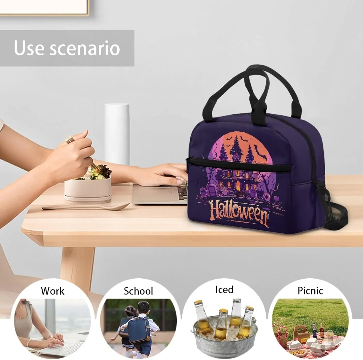 Halloween Haunted Mansion Kids Lunch Bag for Boys Girls Black Insulated Lunch Box,Spooky Bat Lunch Containers for Elementary Children Tote Bag Organizer for Camping Hiking