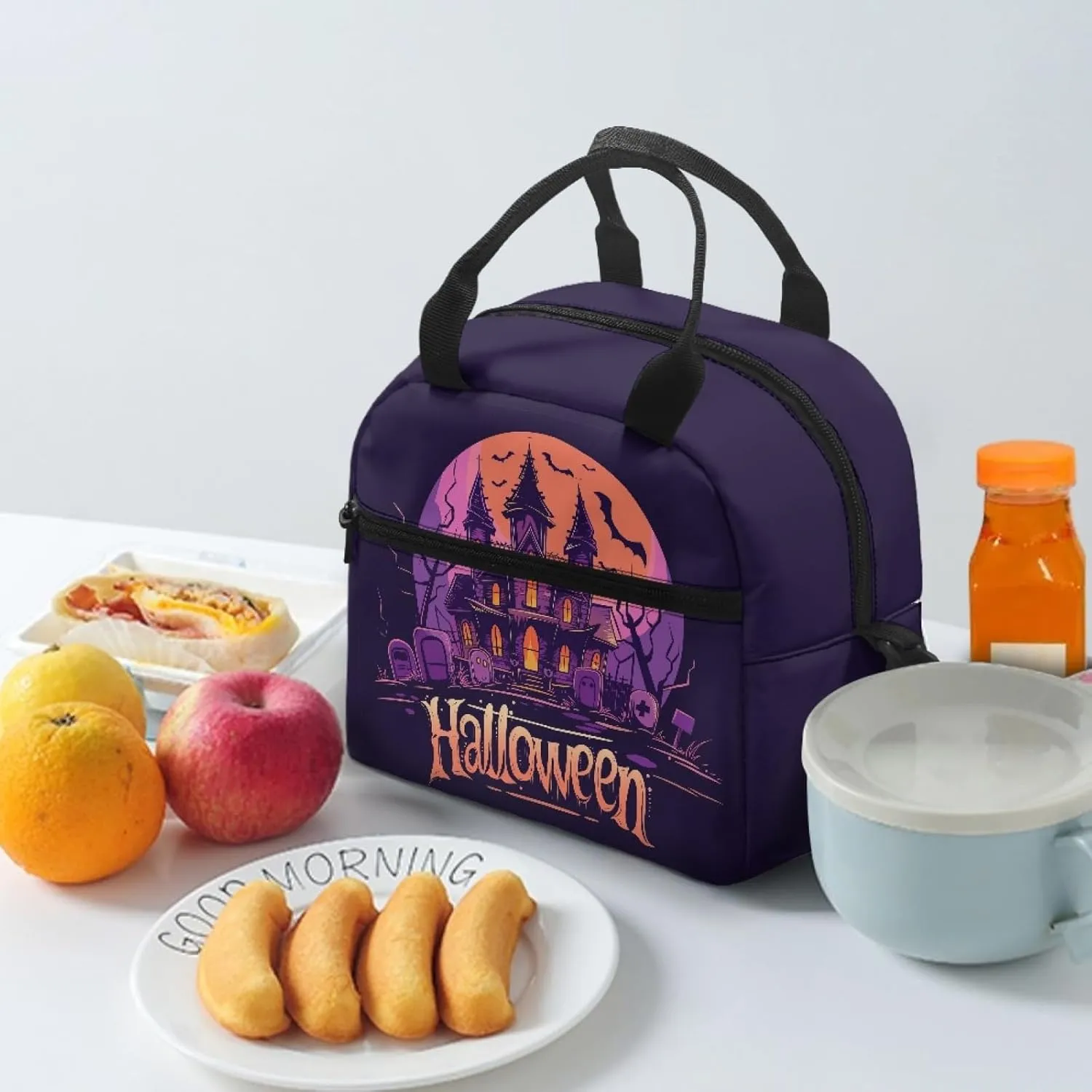 Halloween Haunted Mansion Kids Lunch Bag for Boys Girls Black Insulated Lunch Box,Spooky Bat Lunch Containers for Elementary Children Tote Bag Organizer for Camping Hiking