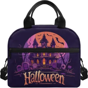 Halloween Haunted Mansion Kids Lunch Bag for Boys Girls Black Insulated Lunch Box,Spooky Bat Lunch Containers for Elementary Children Tote Bag Organizer for Camping Hiking