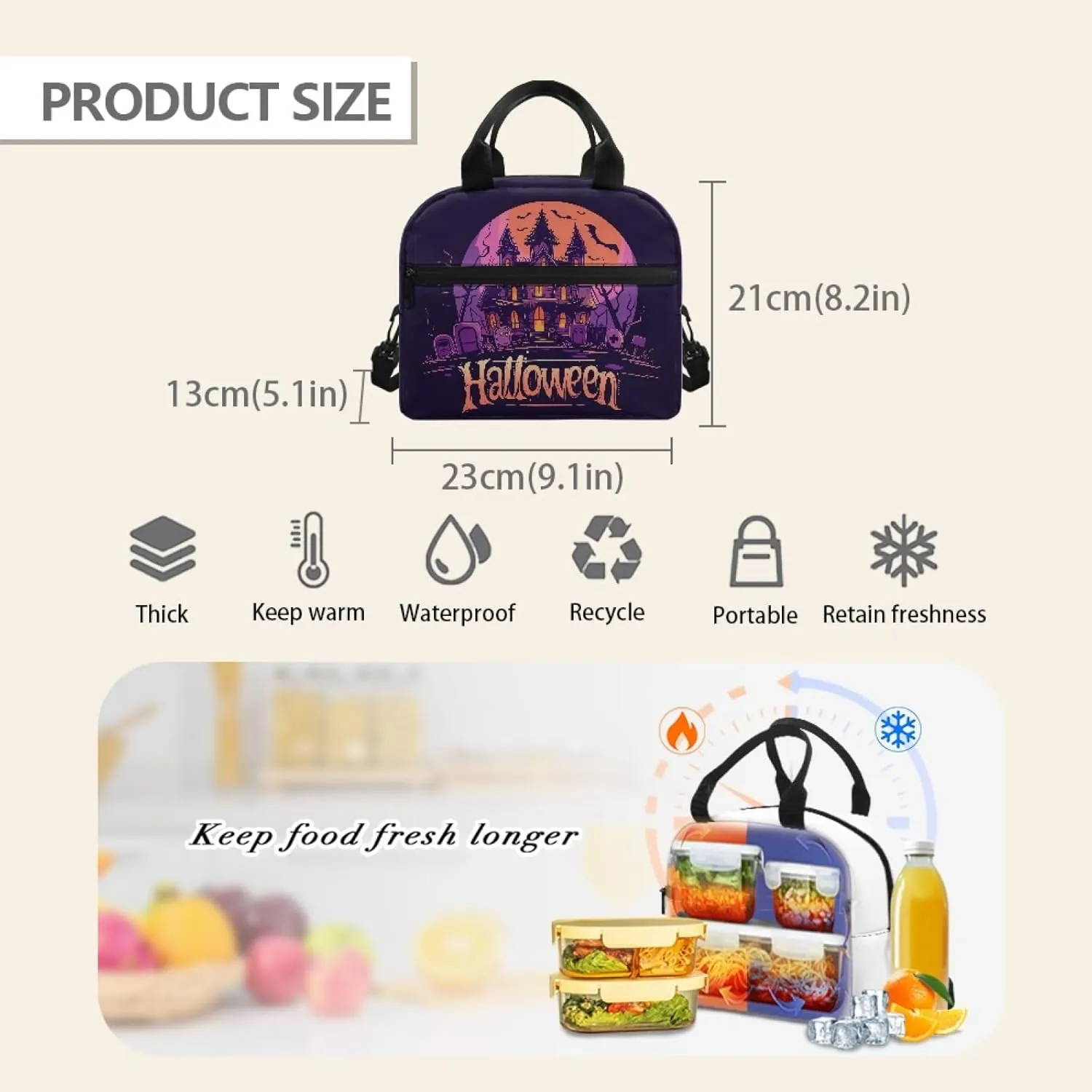 Halloween Haunted Mansion Kids Lunch Bag for Boys Girls Black Insulated Lunch Box,Spooky Bat Lunch Containers for Elementary Children Tote Bag Organizer for Camping Hiking