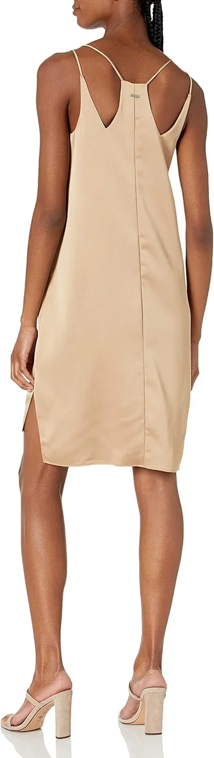 HALSTON Women's Sleeveless Double Strap Satin Slip Dress