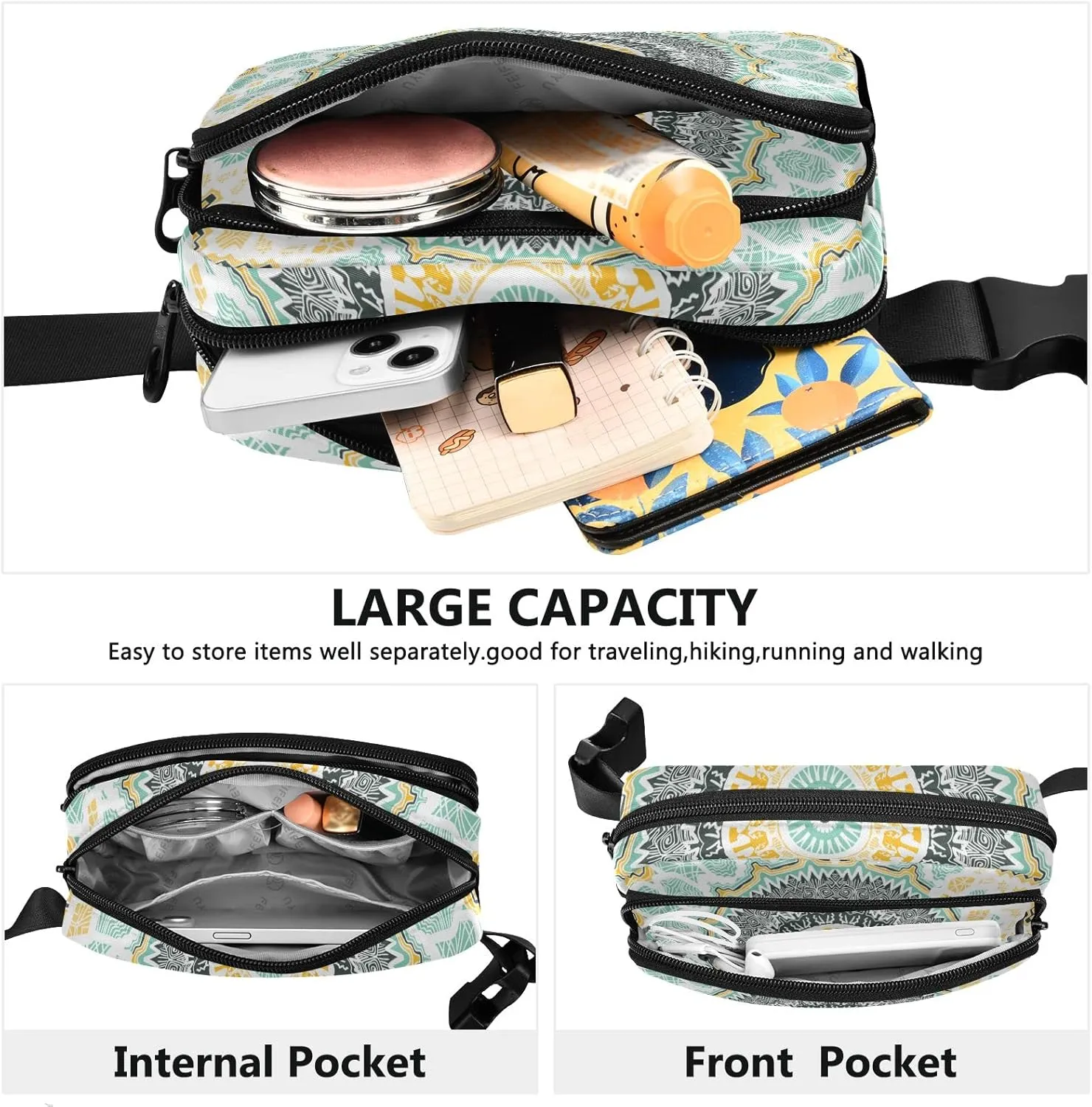 Hand drawn Ethnic Gold Mandala Arabic, Indian, Turkish and Ottoman Adjustable Fanny Waist Pack Pouch, Waterproof Runners Sports Waist Pack Wallet for Sports Hiking Fitness Cycling Gym Women Men