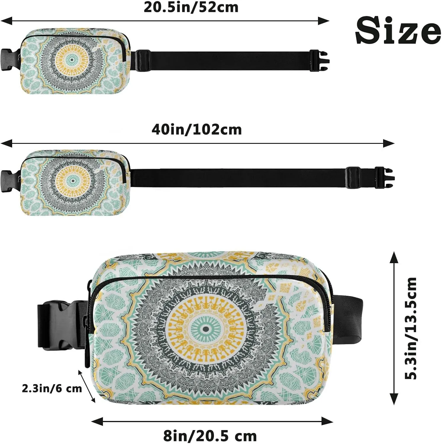Hand drawn Ethnic Gold Mandala Arabic, Indian, Turkish and Ottoman Adjustable Fanny Waist Pack Pouch, Waterproof Runners Sports Waist Pack Wallet for Sports Hiking Fitness Cycling Gym Women Men