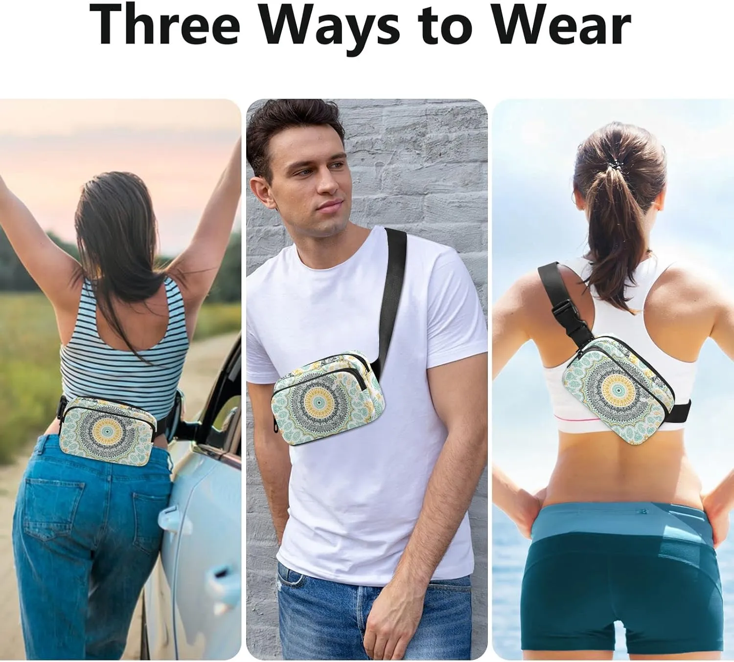 Hand drawn Ethnic Gold Mandala Arabic, Indian, Turkish and Ottoman Adjustable Fanny Waist Pack Pouch, Waterproof Runners Sports Waist Pack Wallet for Sports Hiking Fitness Cycling Gym Women Men