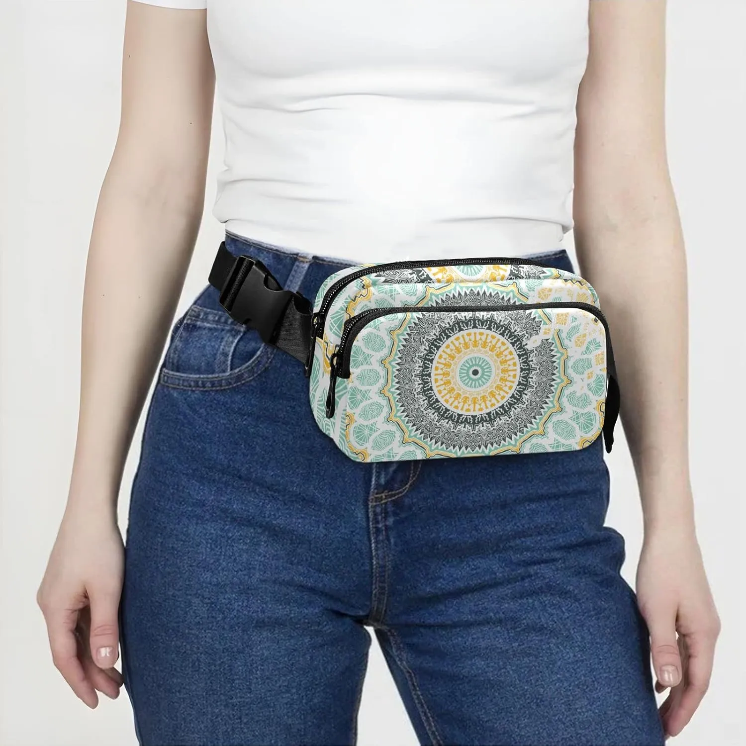 Hand drawn Ethnic Gold Mandala Arabic, Indian, Turkish and Ottoman Adjustable Fanny Waist Pack Pouch, Waterproof Runners Sports Waist Pack Wallet for Sports Hiking Fitness Cycling Gym Women Men