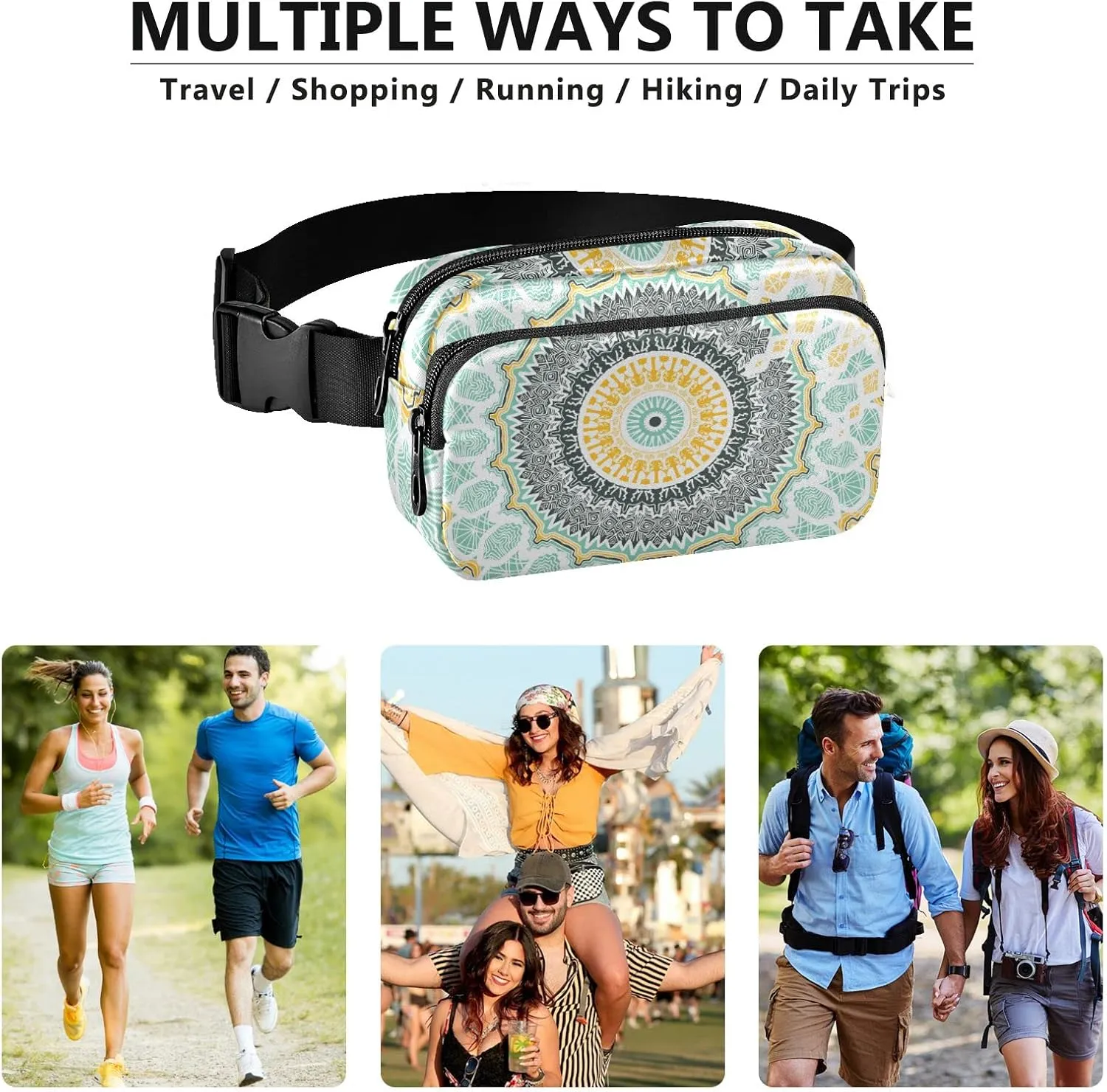 Hand drawn Ethnic Gold Mandala Arabic, Indian, Turkish and Ottoman Adjustable Fanny Waist Pack Pouch, Waterproof Runners Sports Waist Pack Wallet for Sports Hiking Fitness Cycling Gym Women Men