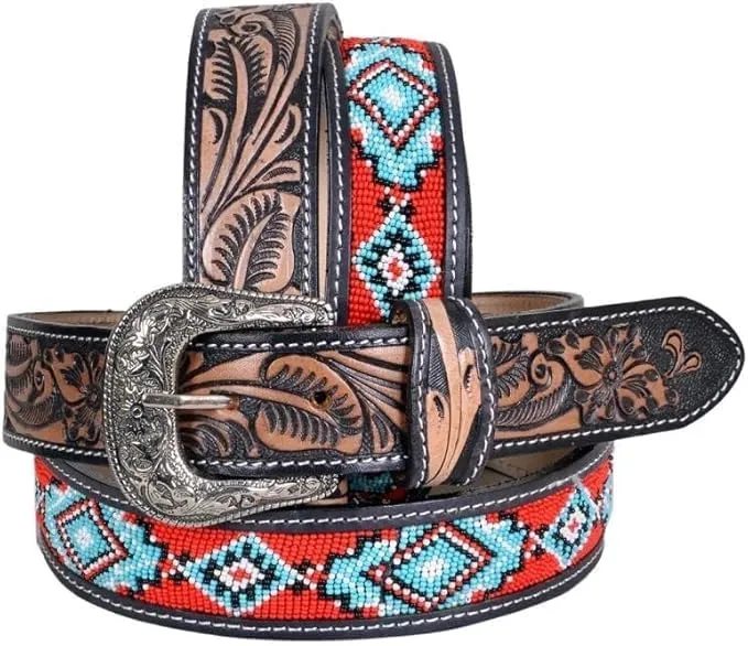 Handmade Beaded Men's Leather Belt Quality Thick Durable Wax Colorful Designs Cowboy Western Style Alloy Classic Fitted Casual Formal Wear in Pant Trouser Jeans Size: W-34-37/L-43in