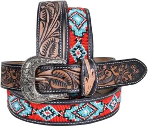 Handmade Beaded Men's Leather Belt Quality Thick Durable Wax Colorful Designs Cowboy Western Style Alloy Classic Fitted Casual Formal Wear in Pant Trouser Jeans Size: W-34-37/L-43in