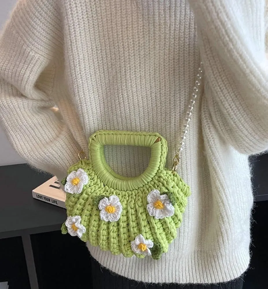 Handmade Cotton Thread Crochet DIY Knit Woven Shell Clutch Tote Crossbody & Shoulder Handbag Purse for Women