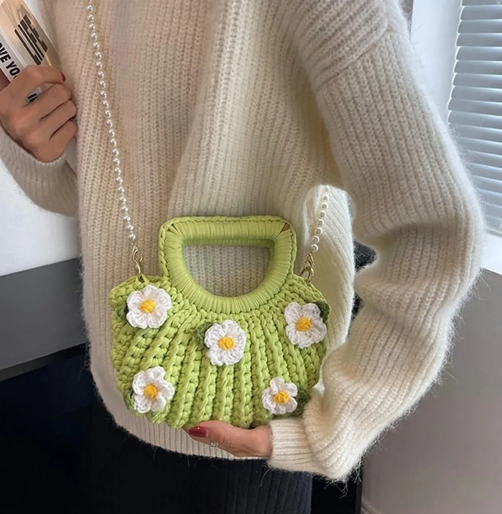 Handmade Cotton Thread Crochet DIY Knit Woven Shell Clutch Tote Crossbody & Shoulder Handbag Purse for Women