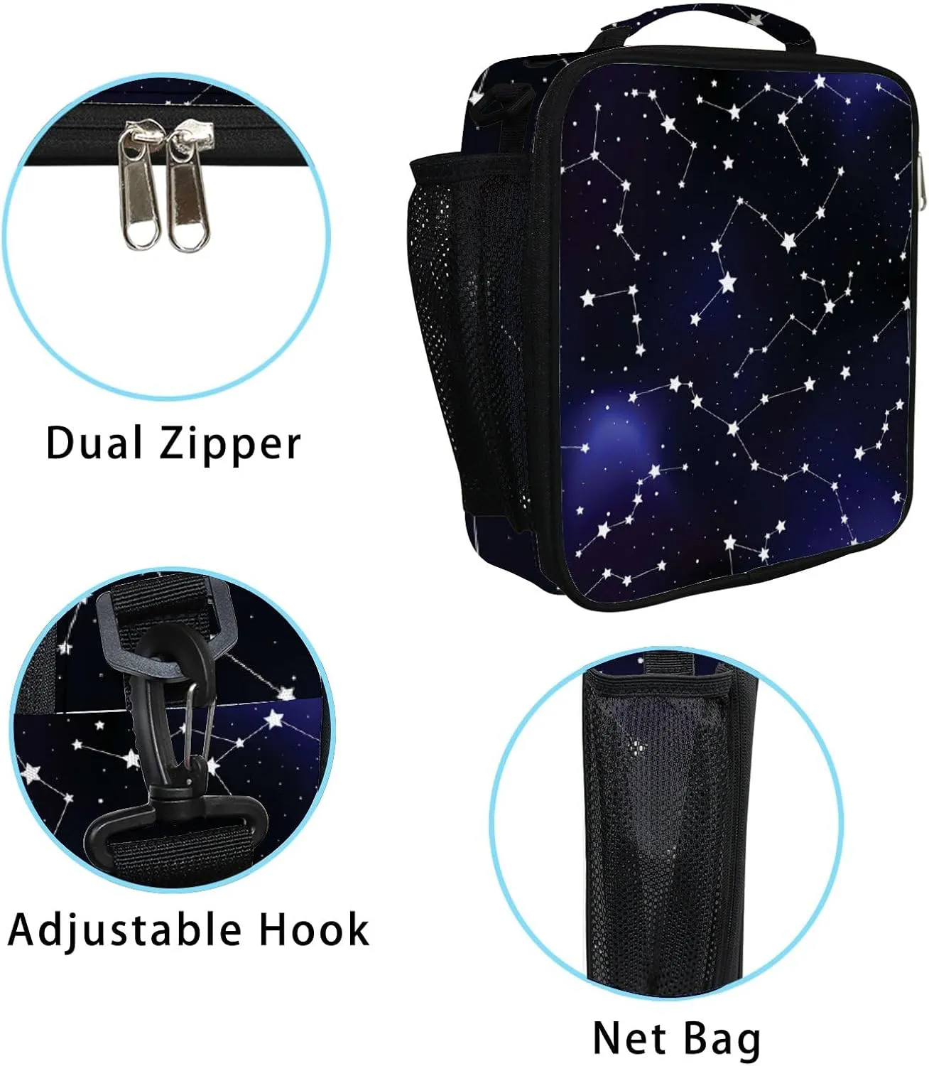 Hapuxt Lunch Box Lunch Bag with Adjustable Shoulder Strap Tote Astronomy Constellations Starry Sky Insulated Waterproof Outdoor Work Office Picnic for Women Men